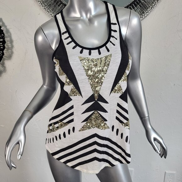 NWOT~EXPRESS~S~BLACK LACE WHITE GOLD SEQUIN EMBELLISHED BLING TANK TOP T-SHIRT - Picture 1 of 16